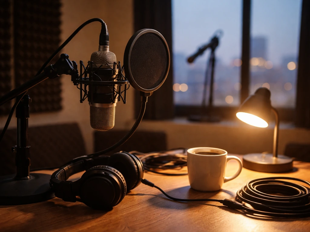 Anonymous radio studio desk with a microphone, headphones, and blurred Atlanta skyline at dusk