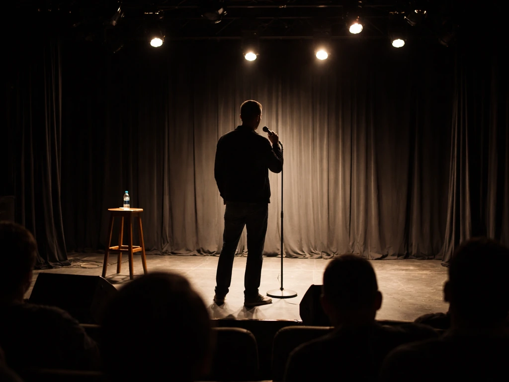 Anonymous comedian on a small stand-up stage holding a microphone with a dim audience in view