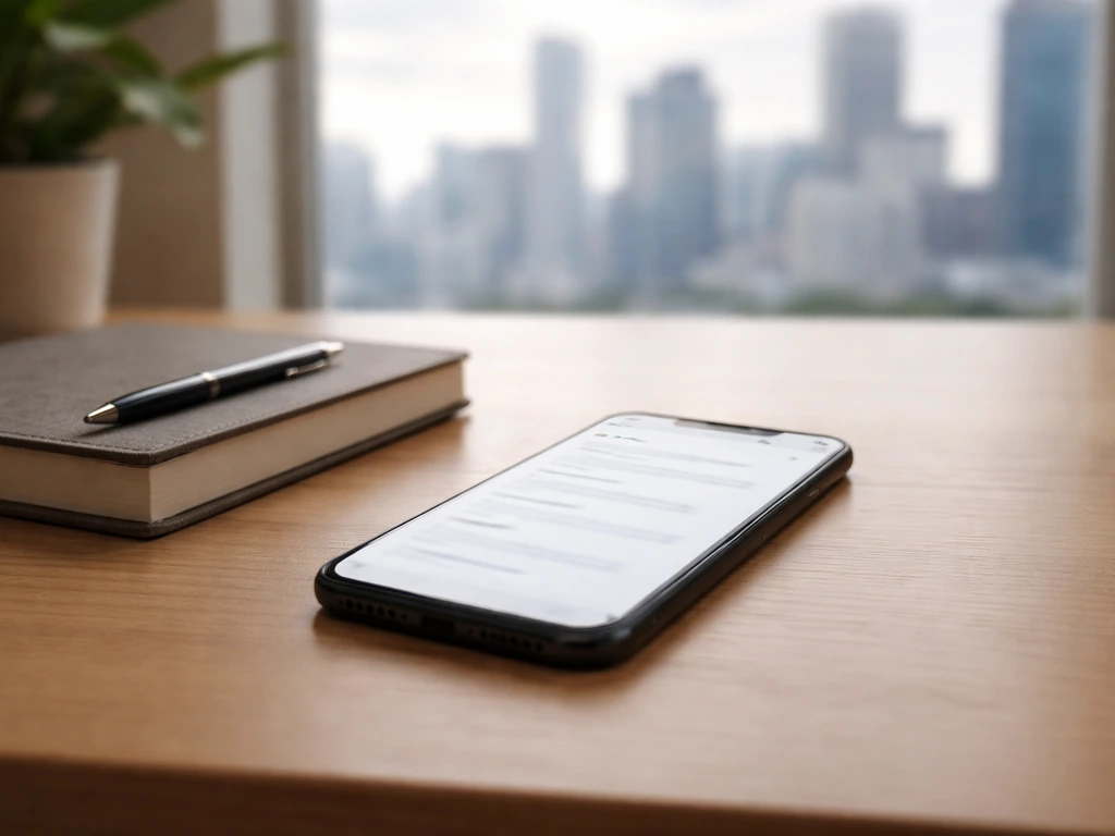 Minimal desk scene with smartphone showing finance search results without readable text