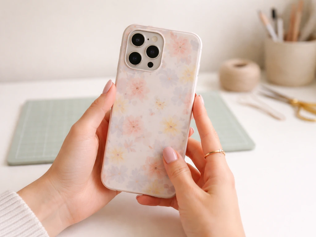 Anonymous hands holding a smartphone with a floral-style phone case on a minimal desk.