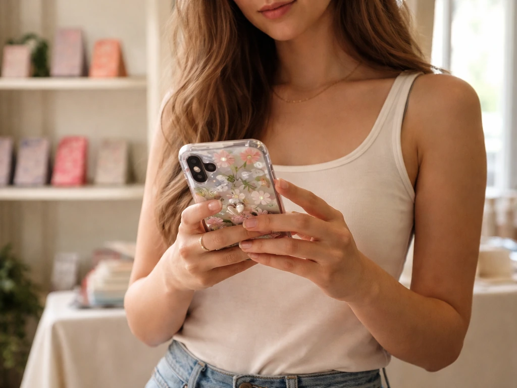 Sydney Carlson at a Wildflower Cases brand event holding a phone case in a casual creative setting