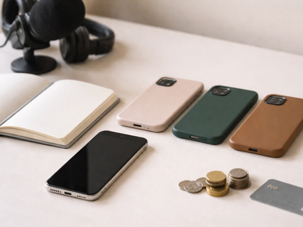Minimal desk photo with unbranded phone cases, coins, and a blank notebook symbolizing brand comparison.