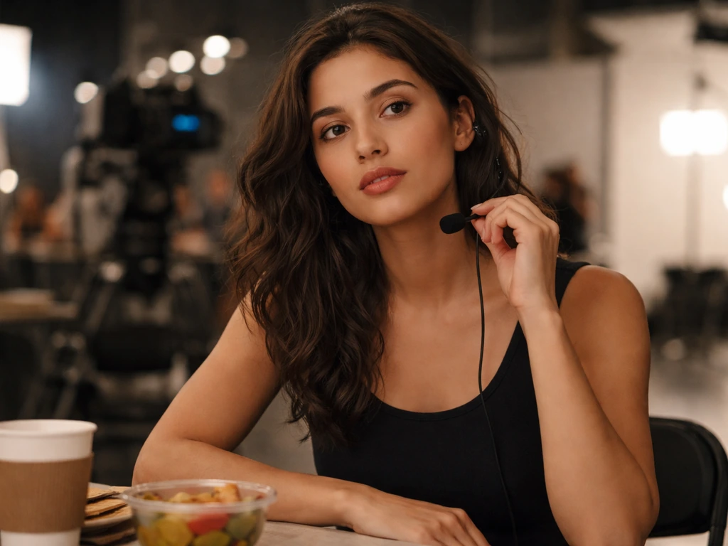 On-set candid photo of an actress adjusting a headset mic with studio lights softly blurred behind her.