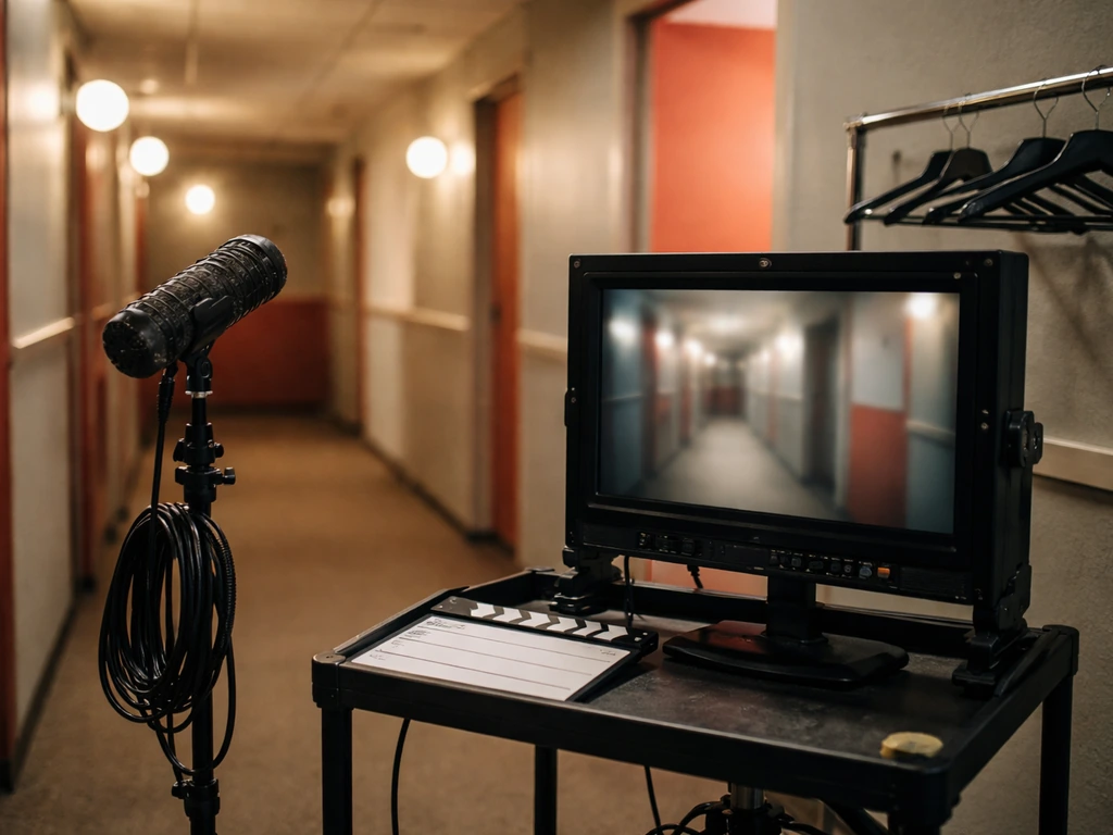 Anonymous TV drama set with studio monitor and production audio gear, suggesting recurring television income.