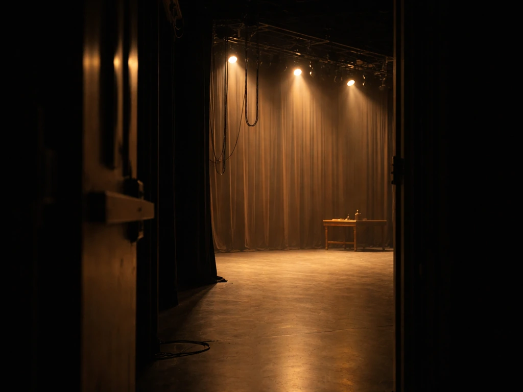 Backstage theater view with warm stage lights and an empty stage doorway, no text or people.