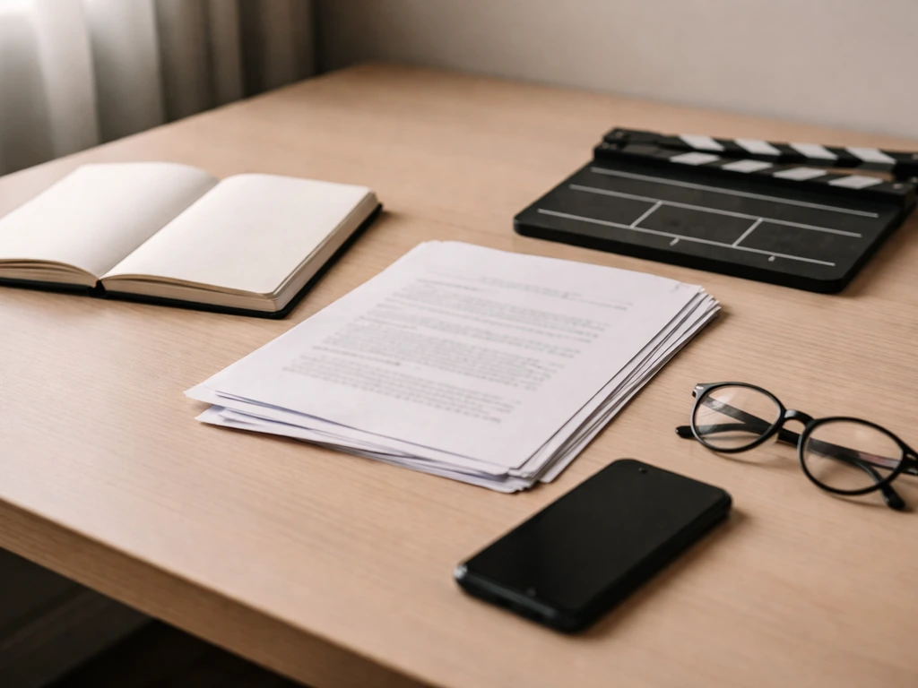 Minimal desk scene with unreadable papers, blank notes, glasses, and a film slate symbolizing verification.