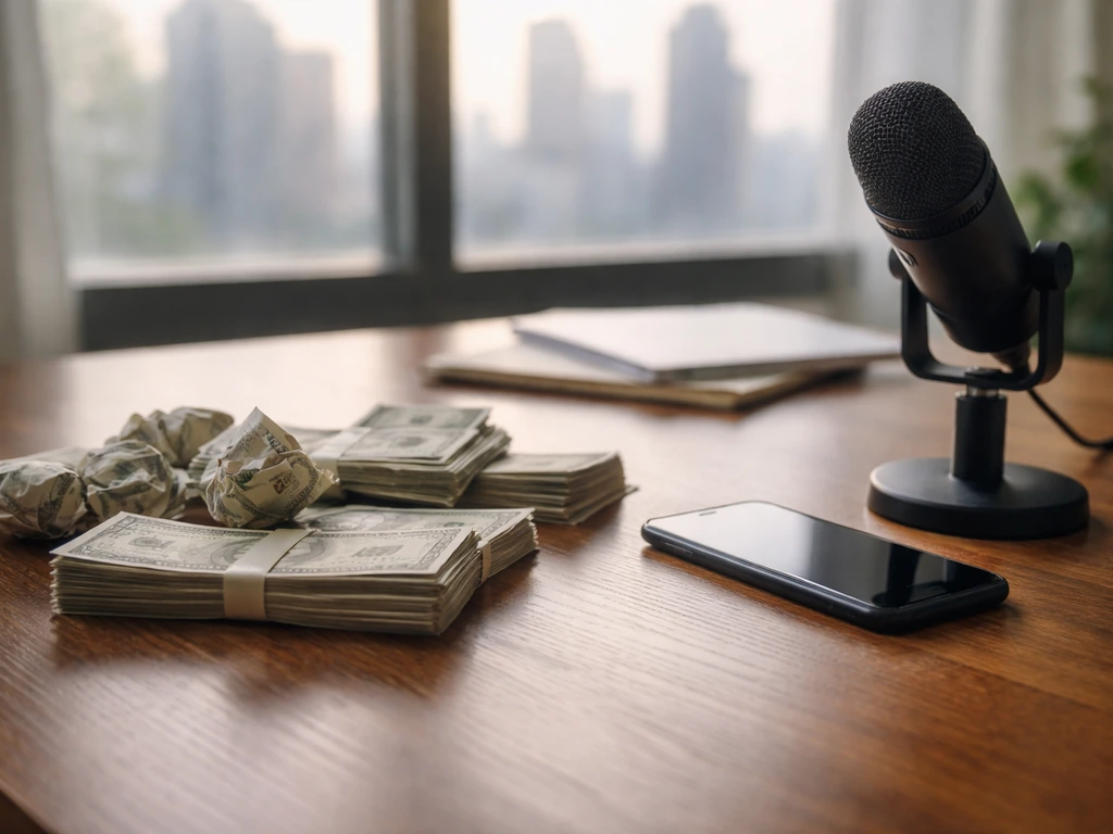 Close-up of a desk with scattered cash and a studio microphone, suggesting varying wealth estimates