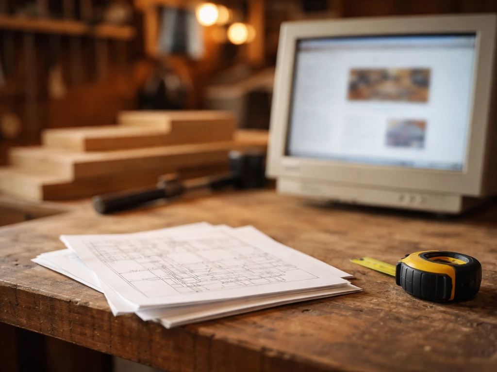 Handwritten woodworking plan and computer monitor showing blurred DIY workspace, symbolizing early audience growth