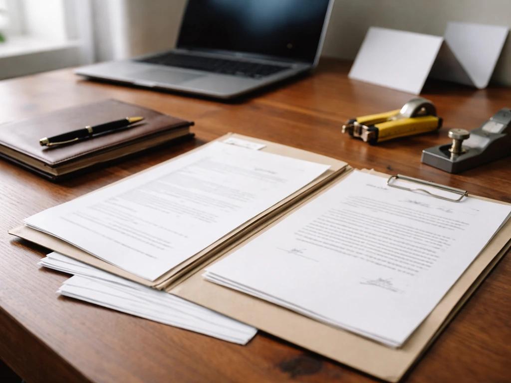 Close-up of legal paperwork and a desktop tool set beside a laptop in a tidy home office
