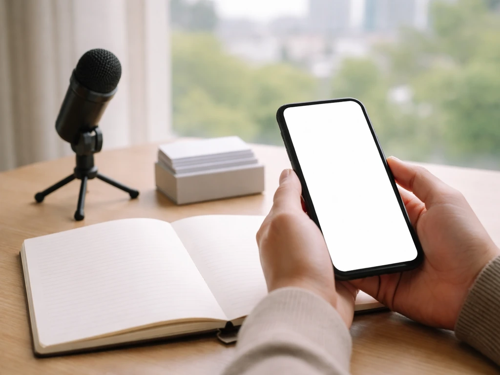 Anonymous hands at a studio desk with phone, notebook, and microphone, symbolizing due diligence and estimate verificati