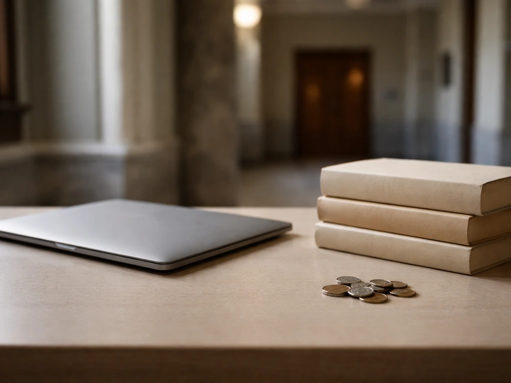 Neutral office desk with law books and a closed laptop beside scattered coins, symbolic of net worth estimation.