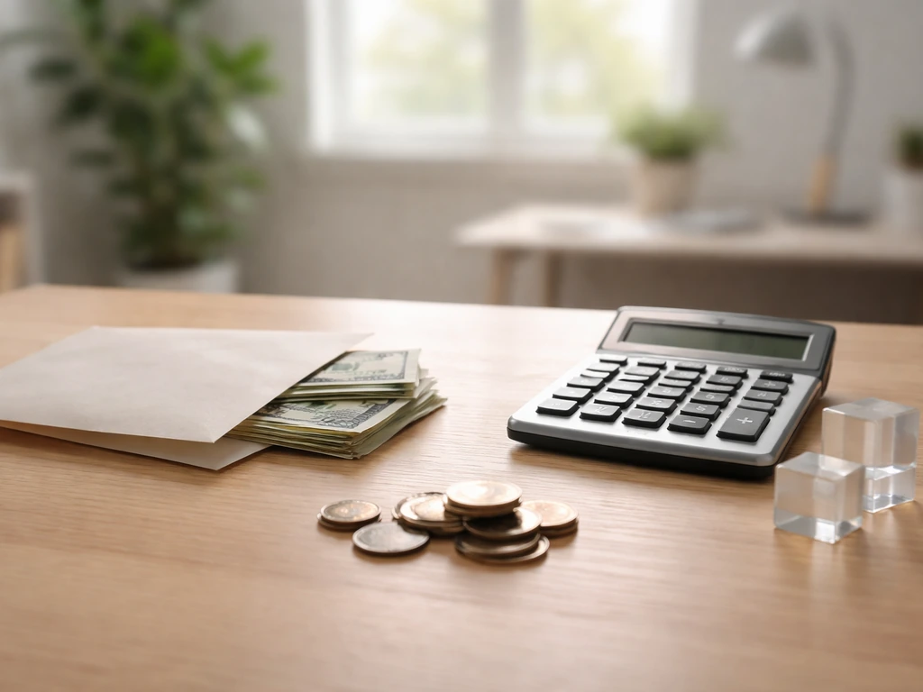 Minimal desk scene with money and a calculator suggesting an income/wealth estimate range.