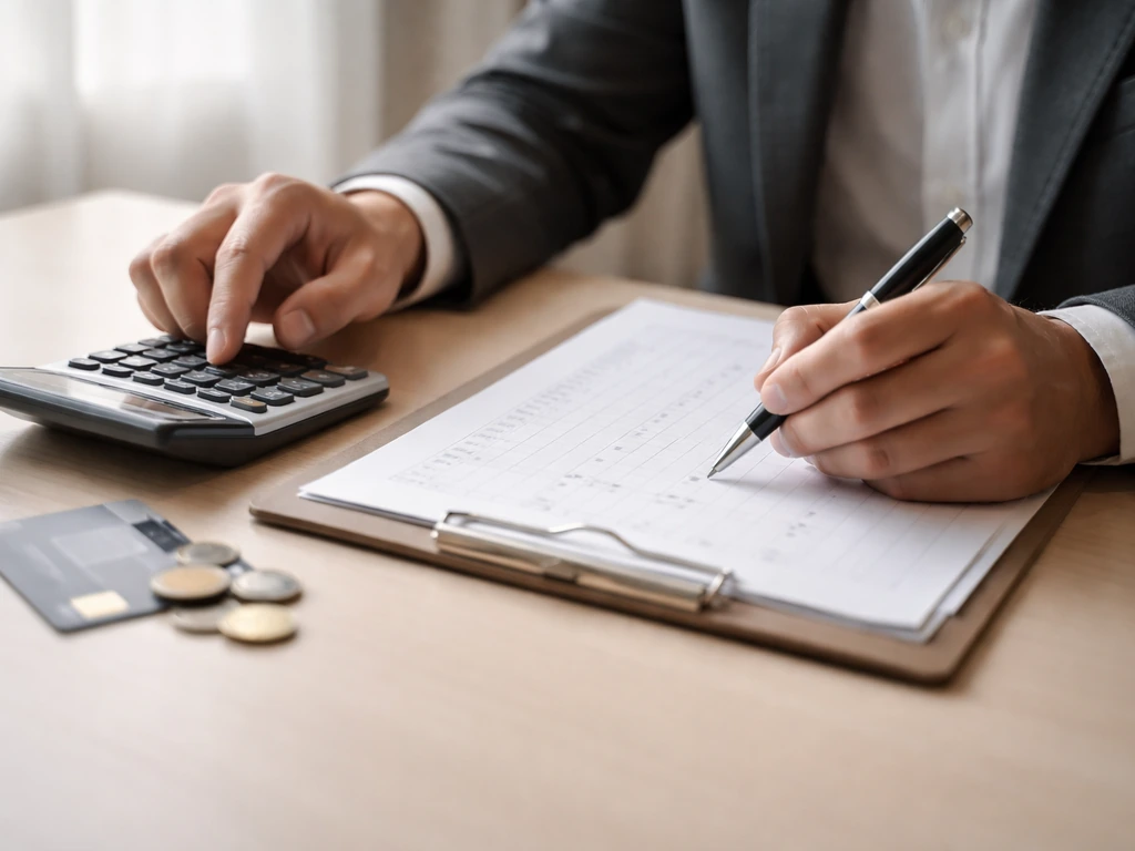 Minimal desk scene with calculator and documents representing step-by-step net worth calculation.
