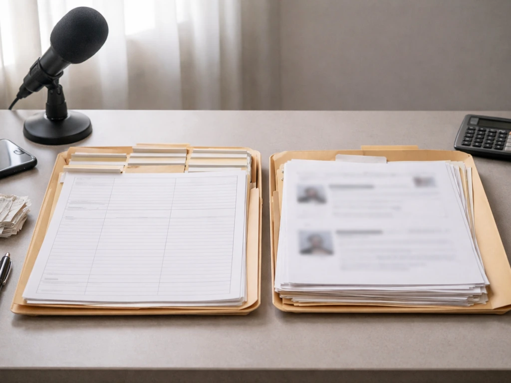 Minimal desk scene with open folders suggesting verified vs unverified claims, with microphone and calculator.