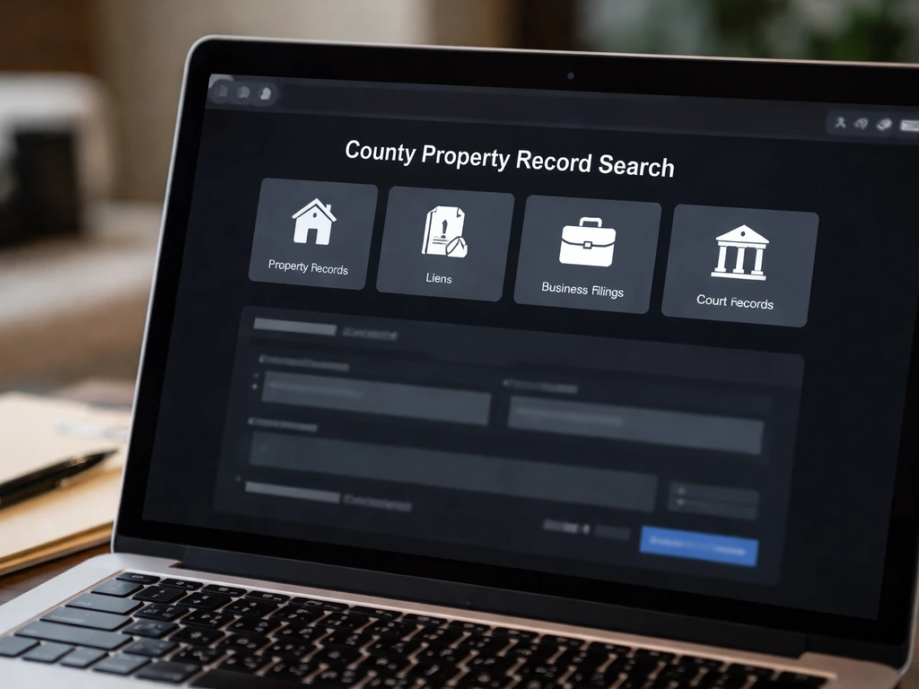 Close-up of a laptop showing generic county property record search icons: property, liens, filings, courts.