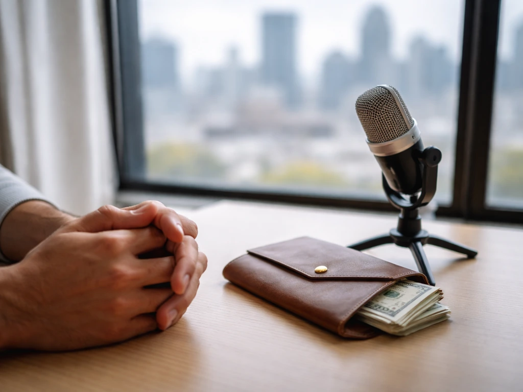 Minimal desk scene with a microphone and a cash envelope, symbolizing net worth estimates and analysis.