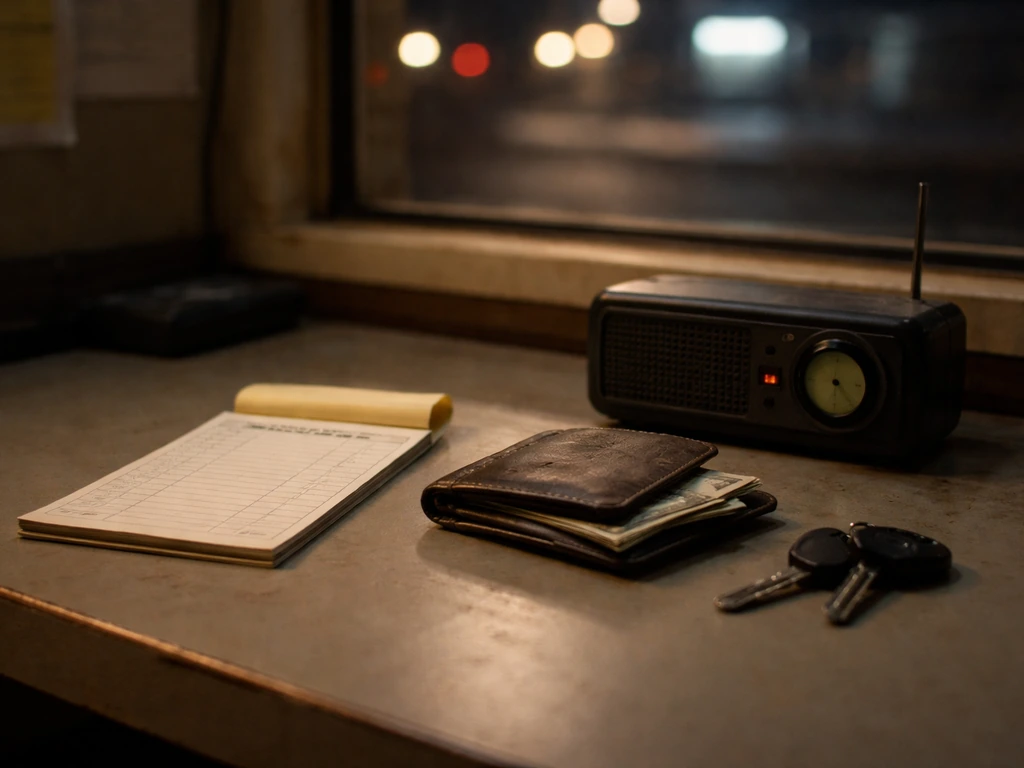 A quiet taxi-office desk with cash and a radio, symbolizing Mitch Winehouse’s taxi and public-profile life.