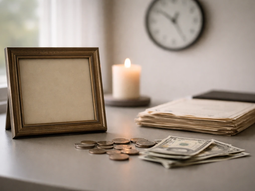 Minimal desk scene with coins, documents, a photo frame, and a softly blurred candle background.