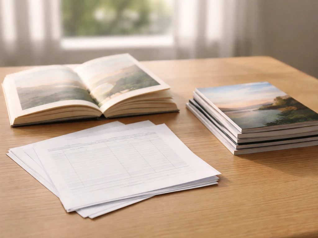 Generic memoir book and blank royalty paperwork on a simple desk with a small unbranded stack of publications.