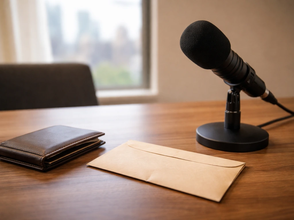 Minimal desk scene with a microphone and cash envelope symbolizing earnings and net-worth verification