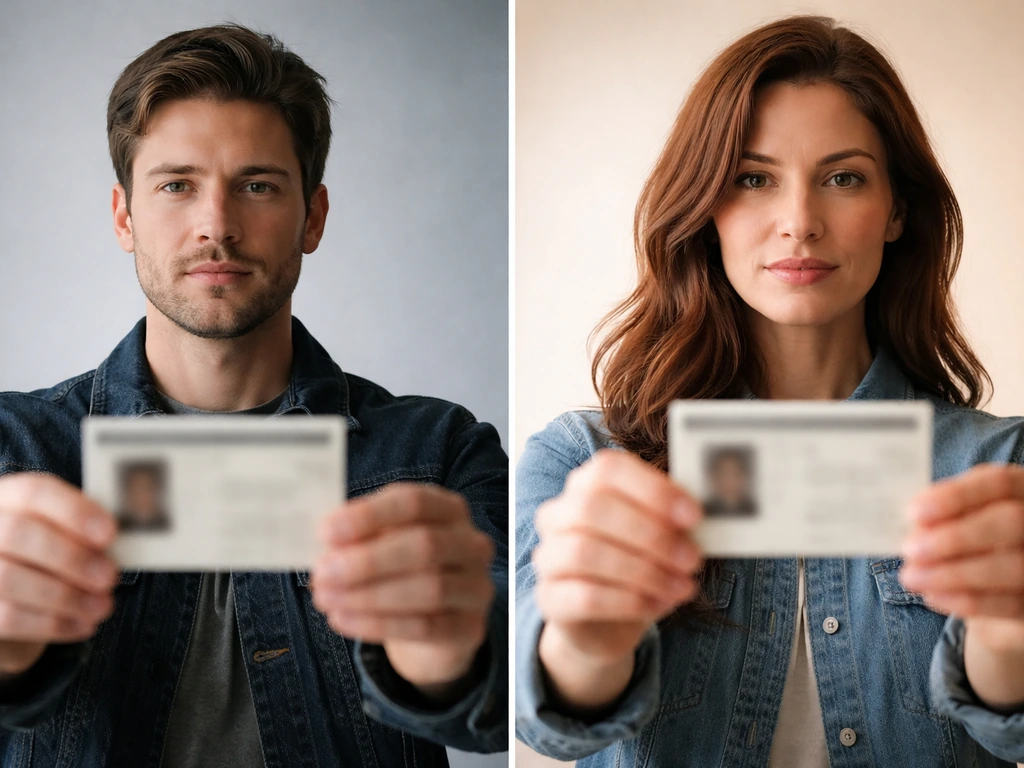 Side-by-side anonymous man and woman with blurred ID cards, contrasting two distinct identities.