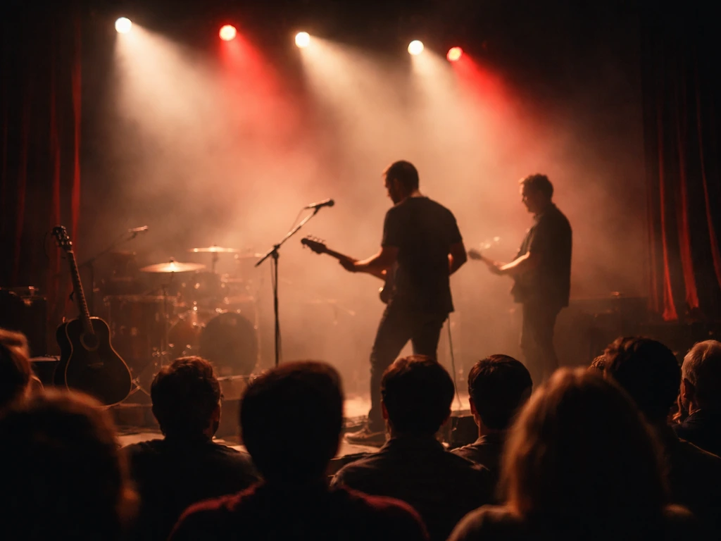 Regional tribute tour performance with stage lights and a small band setup under a dark audience crowd