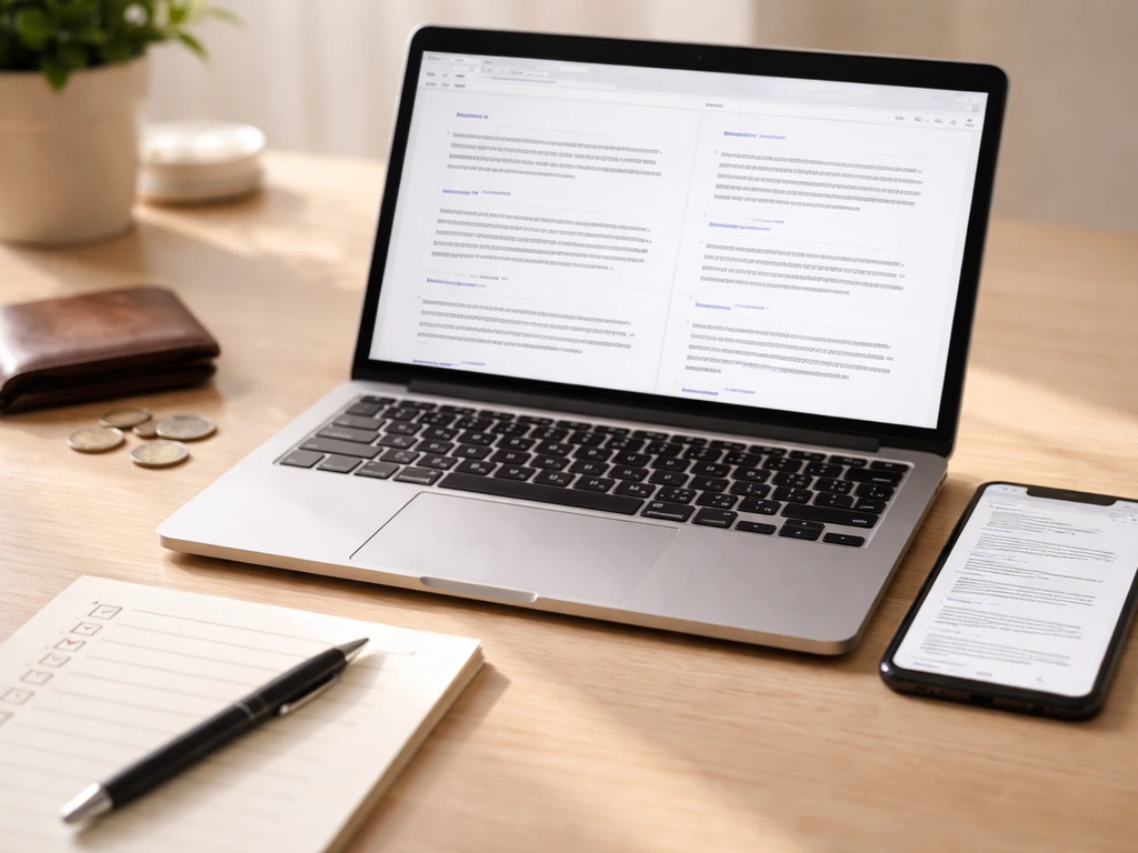 Minimal desk scene with laptop and phone displaying generic source-style pages and a checklist for verification.