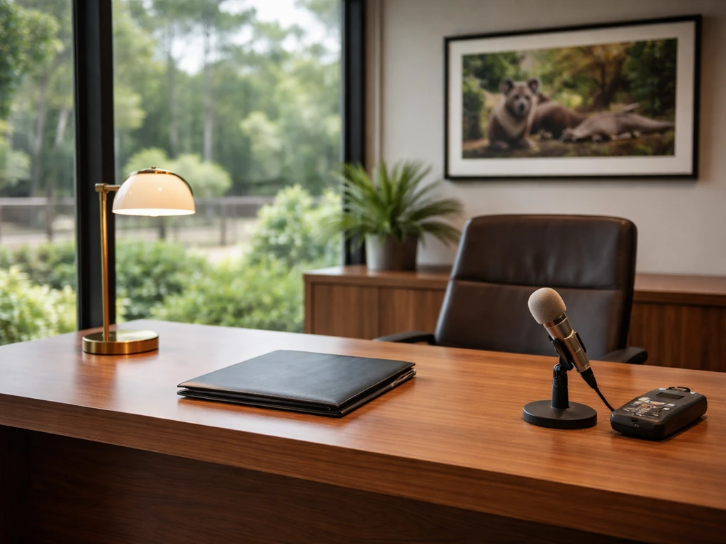 Minimal office desk with a microphone and zoo greenery outside the window, symbolizing leadership and business context.