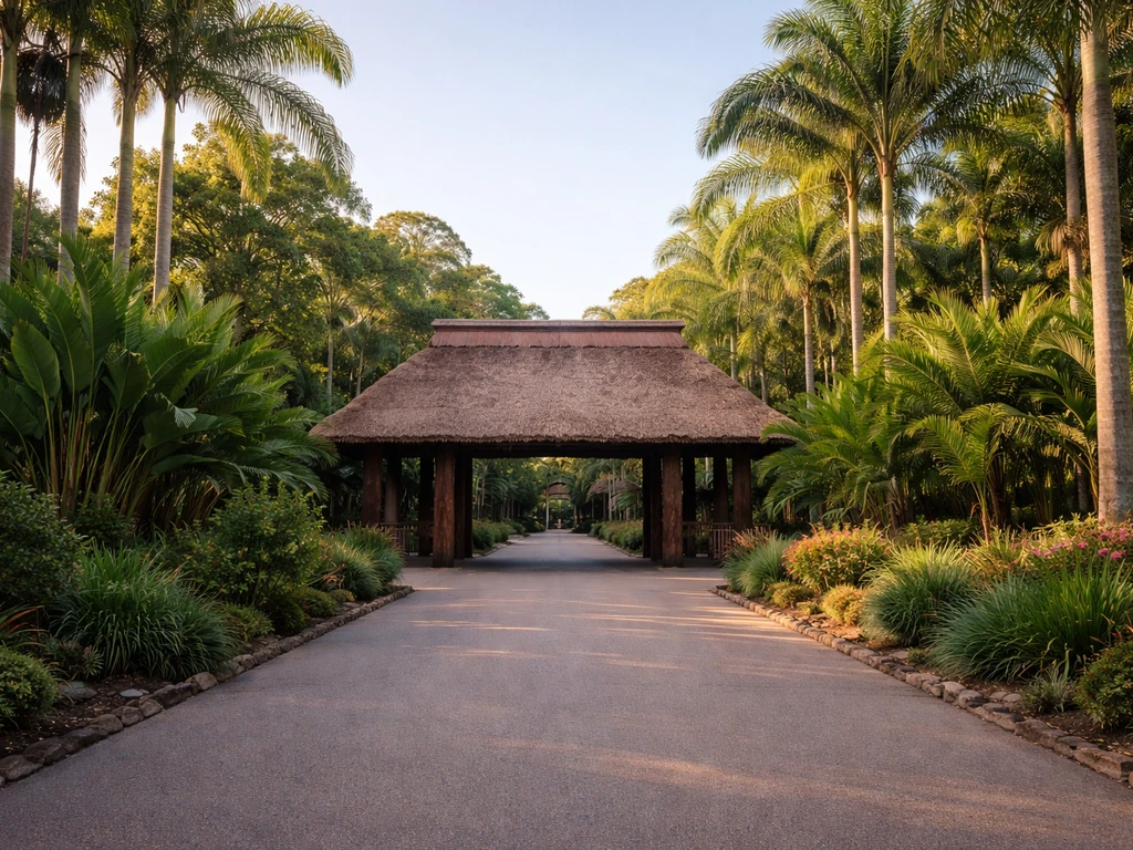 Exterior entrance of Australia Zoo in Beerwah, Queensland with lush greenery and clear daylight.