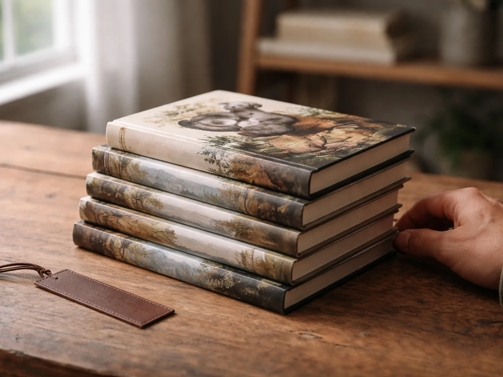 Close-up of a publisher-style desk with neatly stacked Australian wildlife books and a leather bookmark