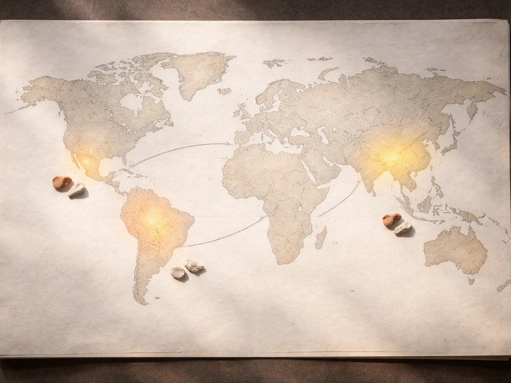 Minimal world map with softly highlighted early cotton regions and faint arrows connecting them.