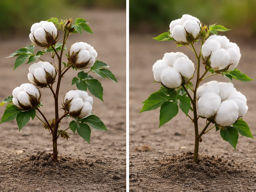 Two cotton plants side by side showing different boll shapes: tree cotton vs upland cotton.
