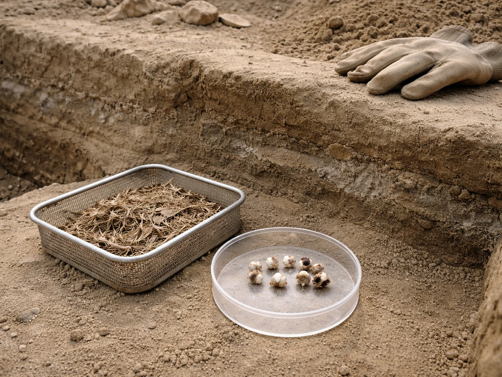 Archaeology trench in sandy soil with cotton seeds and organic residue sample in a clear tray.
