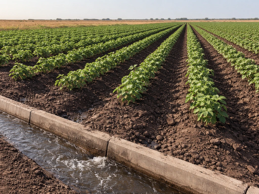 Young cotton plants beside a small irrigation channel, with a dry horizon in the background to contrast climates.