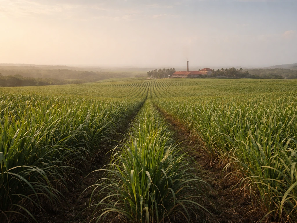 Wide view of a Caribbean sugarcane plantation with cane fields and a distant mill in hazy sunlight.