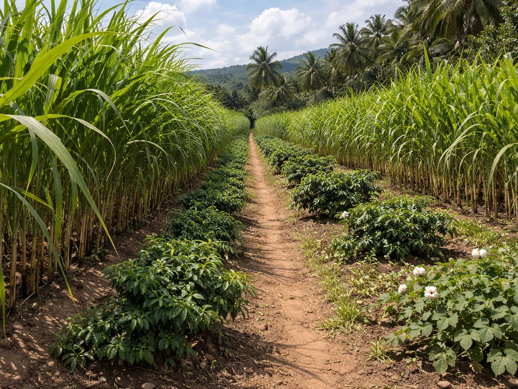 Sunlit sugarcane plantation with small cultivation patches of coffee and cotton in the background