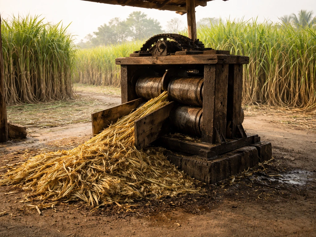 Open-air sugarcane crushing mill with heavy wooden-and-iron rollers and rows of cane fields nearby.