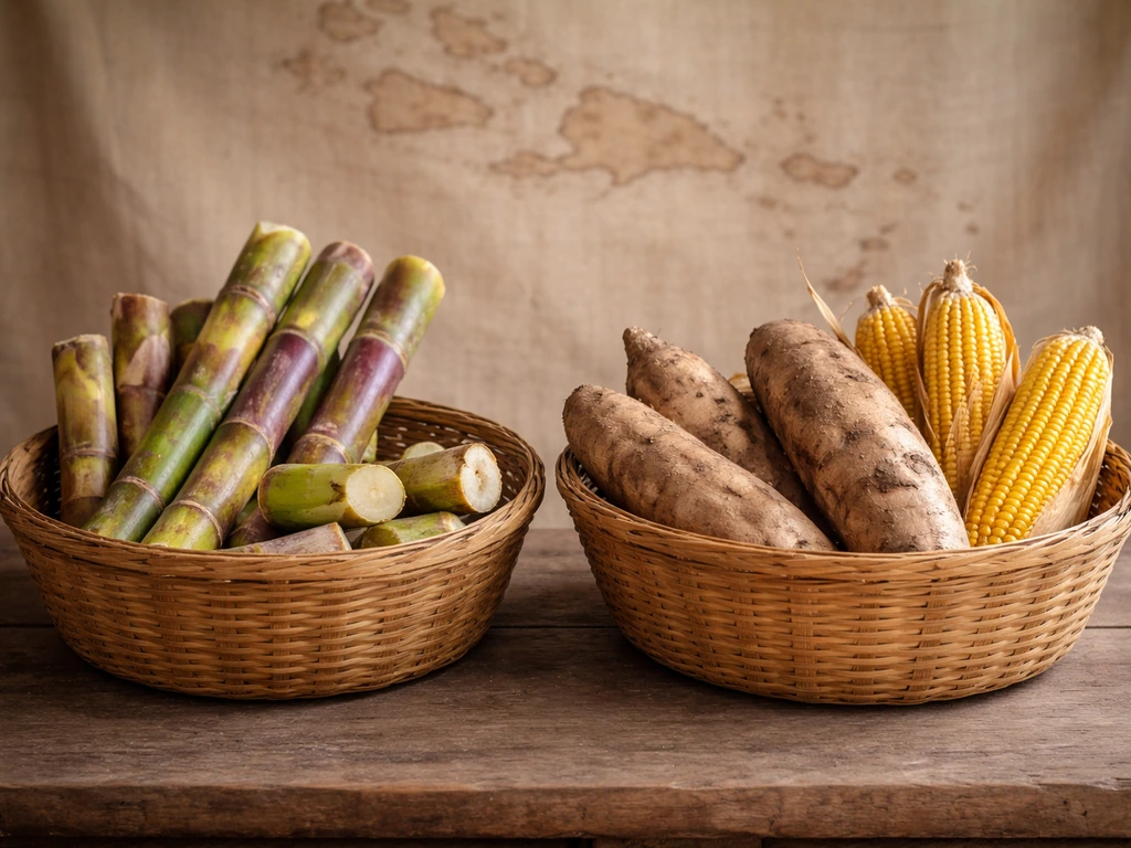Minimal photo-style scene showing two small baskets of different Caribbean crops on a table with a map-like backdrop