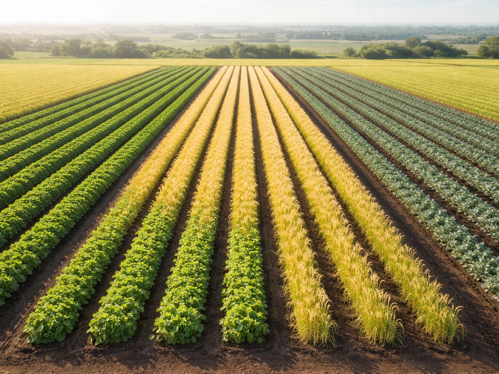 Aerial view of a 5-acre farm split into different crop rows under bright sunlight, with subtle map-like background.