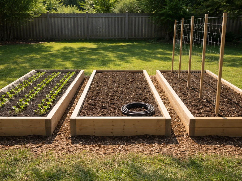 Three side-by-side raised garden beds set up differently, symbolizing priorities for the same 5-acre goal.