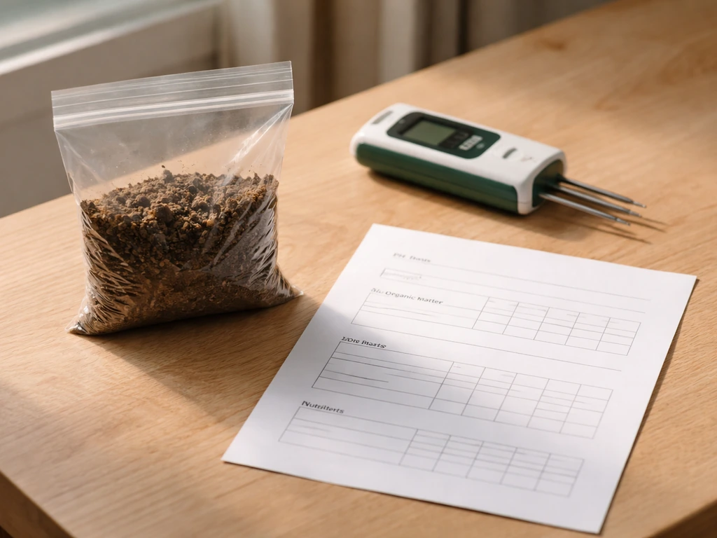 Soil test kit on a wooden bench: soil sample bag and a results sheet for pH, organic matter, nutrients.