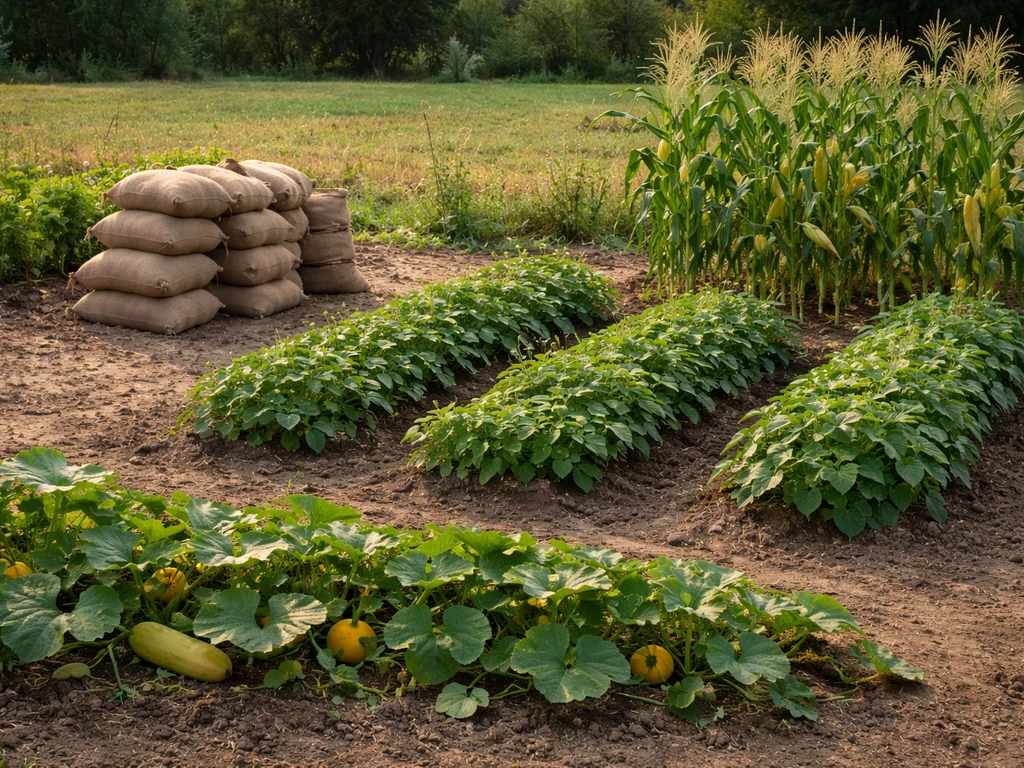Small garden plot with potato row, dry bean sacks, sweet corn patch, and winter squash vines