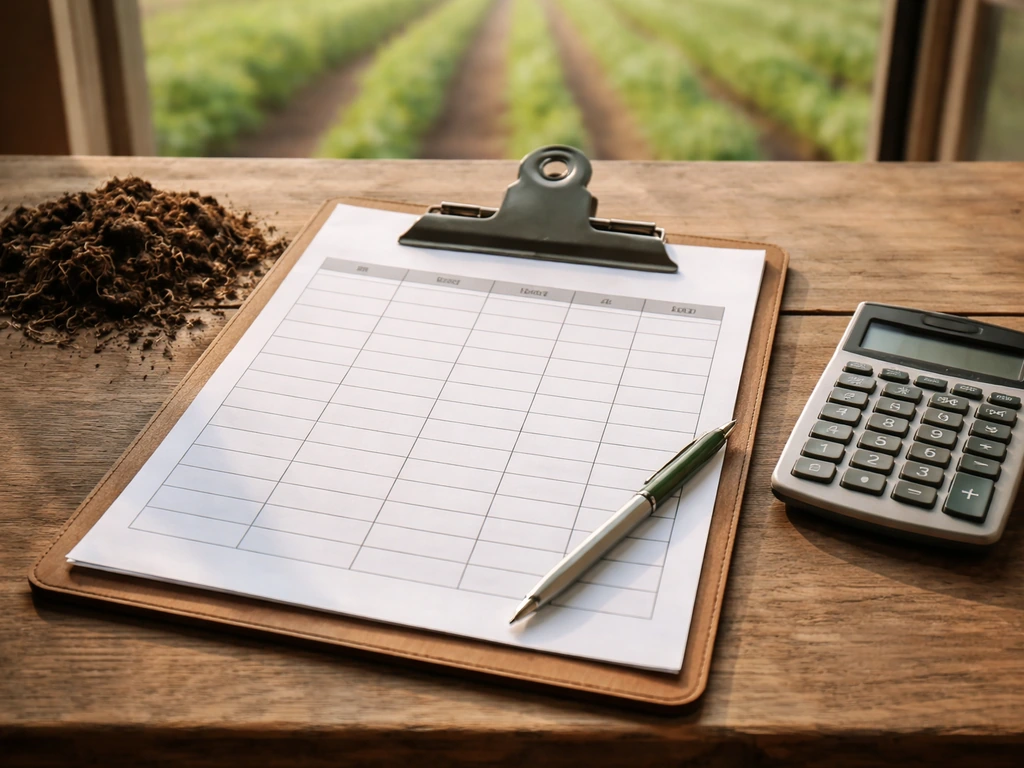 Overhead view of a laminated farm planning sheet and calculator on a wooden table beside soil.