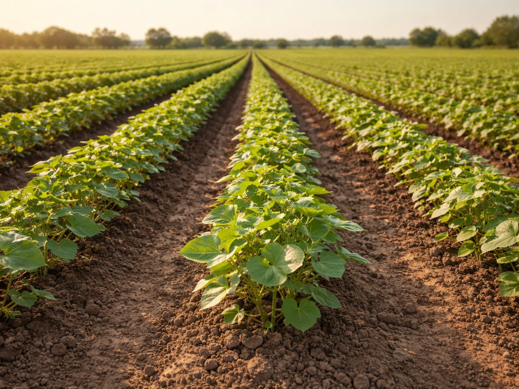 Sunlit cotton seedlings growing in neat rows, with textured soil visible in the foreground.