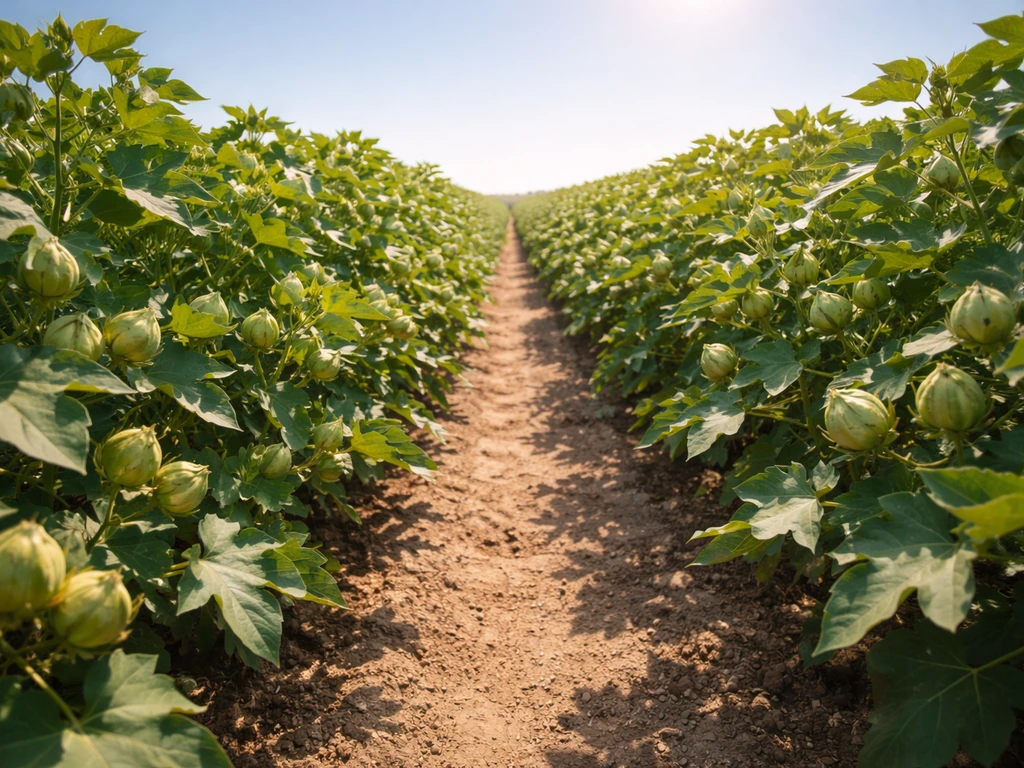 Healthy cotton plants thriving in a warm, sunlit field under clear sky