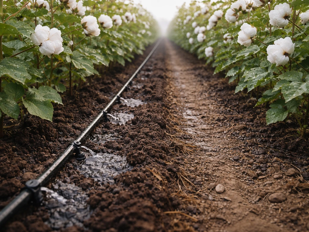 Close-up cotton plants with drip irrigation wetting soil and raindrops on leaves, simple field scene.