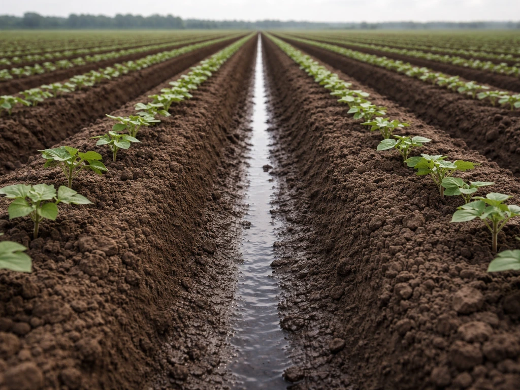 Cotton field with raised planting beds and furrows channeling runoff for drainage