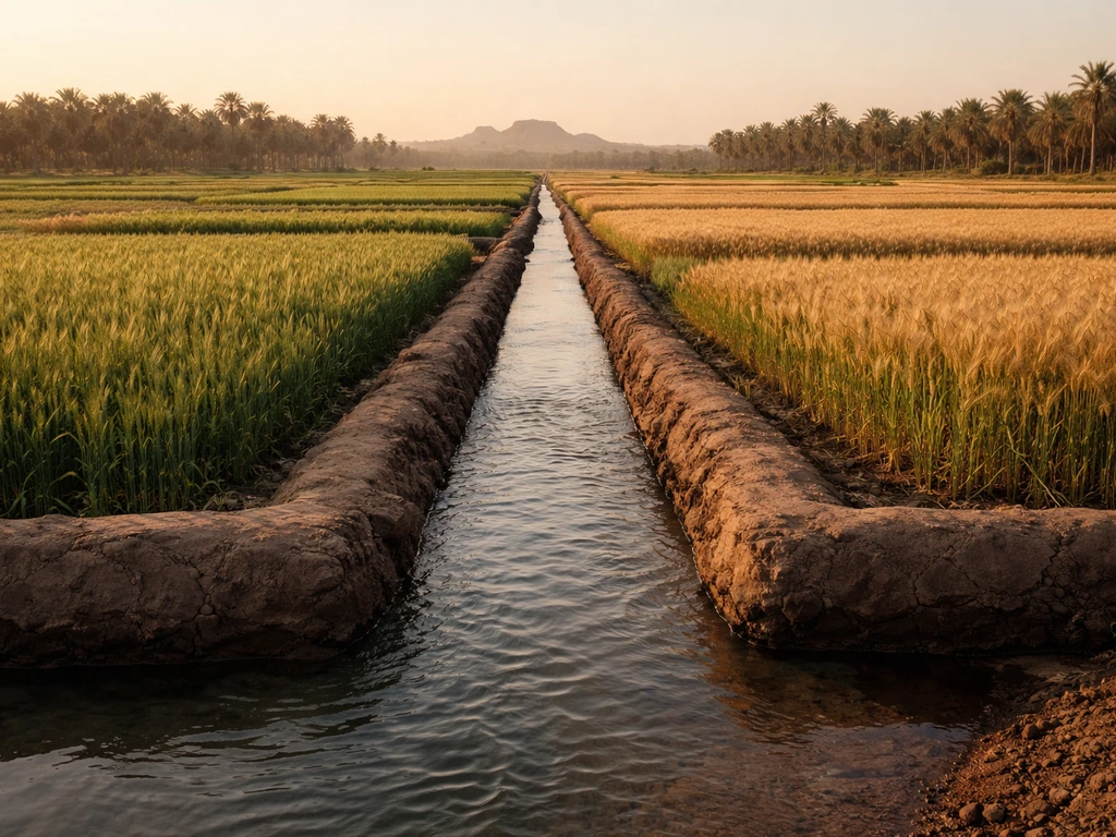 Ancient Mesopotamian irrigated fields with barley and wheat plots, canals in front, date palms in the distance.