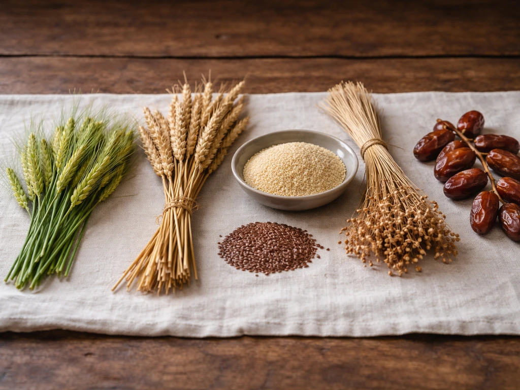 Still life of barley, emmer wheat, sesame, flax seeds, and dates arranged as simple crop bundles on a linen cloth.