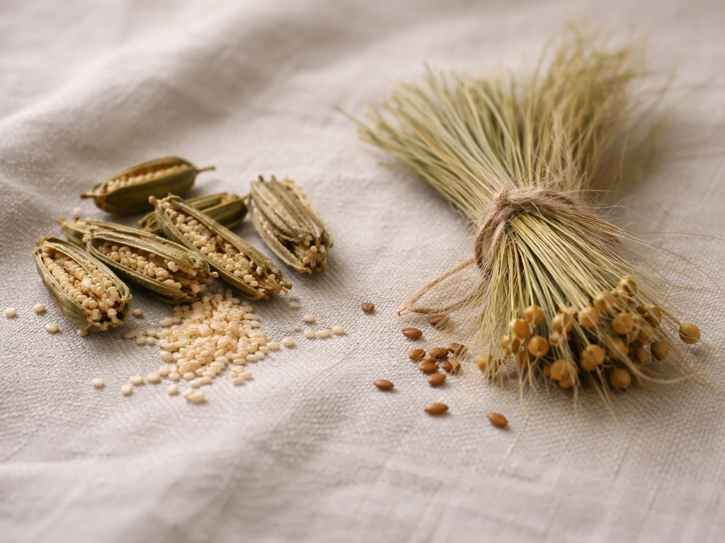 Close-up of sesame pods and exposed seeds beside flax stems and fibers on linen cloth.